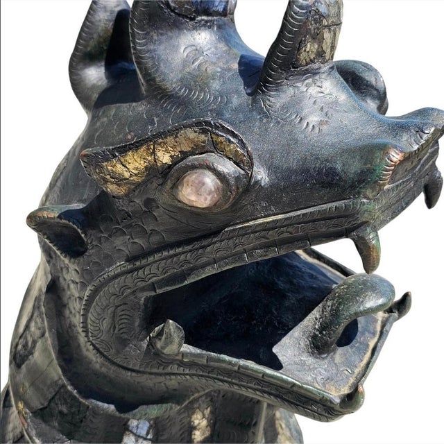 Heavy and large, 47' high. Unusually decorated bronze guardian foo lions, a pair. Burmese or Thai in origin. Impressive...