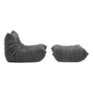 Togo Lounge Chair and Pouf in Black Fabric by Michel Ducaroy for Ligne Roset, 1973, Set of 2 For Sale