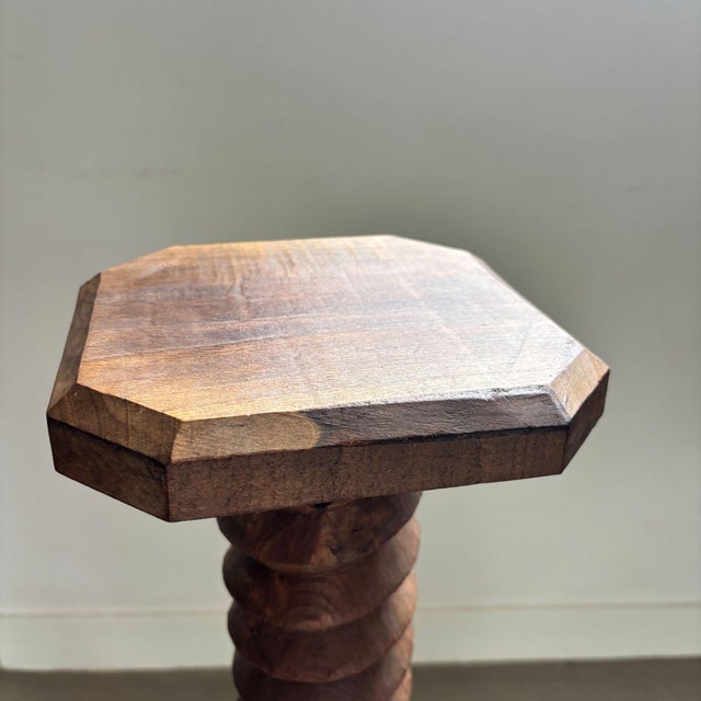 Brutalist Hand-Carved Wooden Pedestal, France, 1940s For Sale - Image 4 of 6