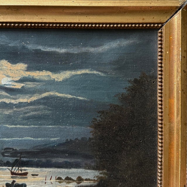 Victorian Antique Danish Folk Art Nocturne Seascape With Castle, Oil on Canvas For Sale - Image 3 of 5