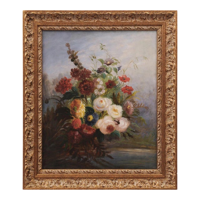 19th Century French Floral Still Life Oil Painting, Framed For Sale