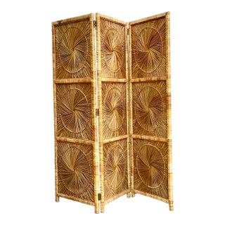 Vintage Costal Woven Rattan Folding Screen For Sale