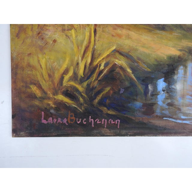 Vintage mid 20th century oil on canvas board by Laura Buchanan (1872-1969) Texas, Oklahoma. Autumn riverside impressionist...