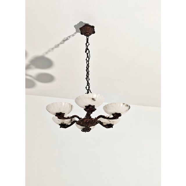 Art Deco Bronze Chandelier with Six Alabaster Lampshades, Made in Italy in the 1950s/1960s. For Sale - Image 9 of 18