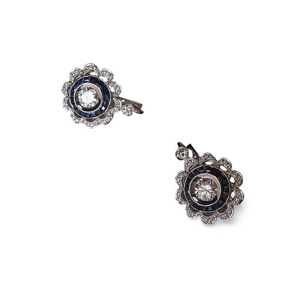 18K White Gold Diamond & Sapphire Necklace and Earrings Set Exquisite Antique 18K White Gold Diamond & Sapphire Necklace...