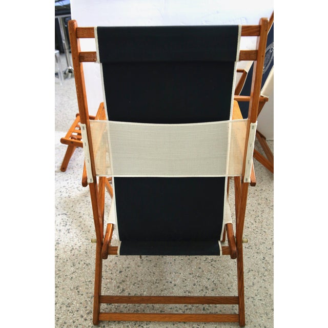 Ralph Lauren Inspired Deck Chairs Oakwood With Navy Blue and White Upholstery - a Pair For Sale - Image 9 of 10
