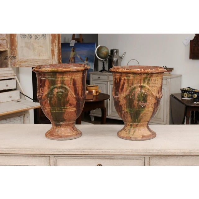 French 19th Century Anduze Jars with Brown and Green Glaze and Swags - A Pair For Sale - Image 11 of 12