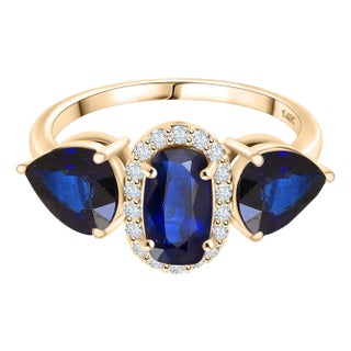 14k Gold Blue Sapphire Diamond Three Stone Ring Size 6 For Sale