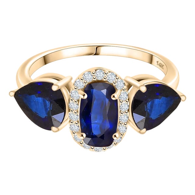 14k Gold Blue Sapphire Diamond Three Stone Ring Size 6 For Sale
