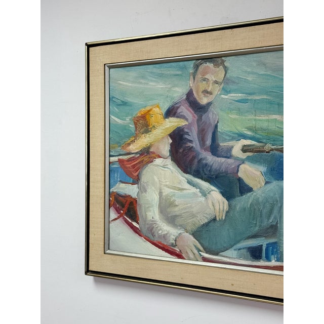 The Boatman Original Oil Painting Signed m.w. Picchi Couple Boat Nautical Art For Sale - Image 9 of 13