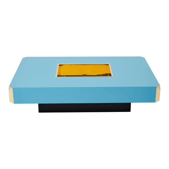 Willy Rizzo Blue Lacquer and Brass Bar Coffee Table Alveo 1970s For Sale