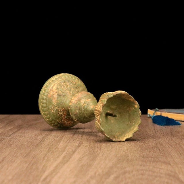 Bronze Lotus Candlestick – 5.7" Altar Candle Holder With Verdigris Patina For Sale - Image 4 of 5