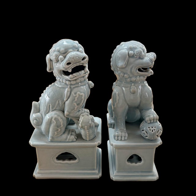 Sky Blue Pair of Ceramic Celadon Glaze Foo Dogs For Sale - Image 8 of 12