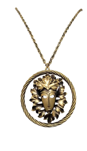 Vintage 1970s Signed Trifari Goldtone Round 3d Ancient Mask Pendant Necklace