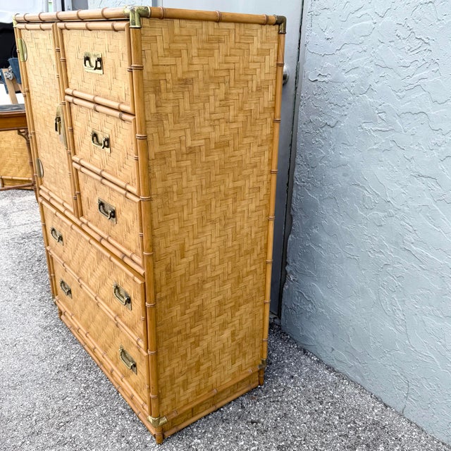 Boho Chic Herringbone Wicker Faux Bamboo Highboy Dresser by Dixie For Sale In West Palm - Image 6 of 11