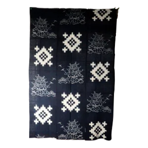 Mid Century Japanese Cotton Cloth Indigo Kasuri Structure Castle Design Boro Kimono Obi