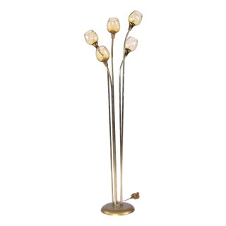 5-Head Gold Brass Mid-Century Modern Floor Lamp With Amber Glass Diffusers For Sale