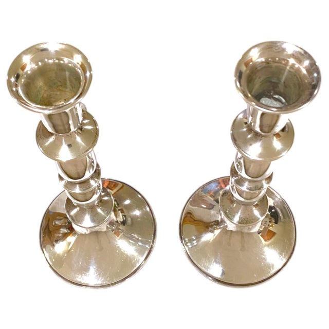 Mid-Century Modern Sterling Weighted Silver Candlesticks From Gump's San Francisco Pair .925 Decor For Sale - Image 3 of 11