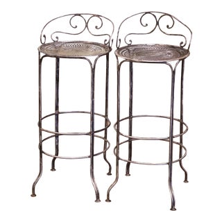 Pair of 19th Century French Polished Wrought Iron Outdoor Garden Bar Stools For Sale