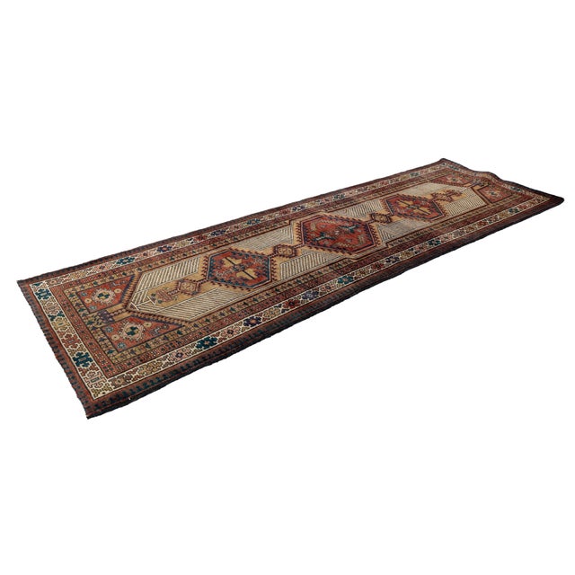 Tribal Vintage Hand-Knotted Kurdish Long Runner Rug With Diamond Medallions in Terracotta, Camel, and Indigo For Sale - Image 3 of 9