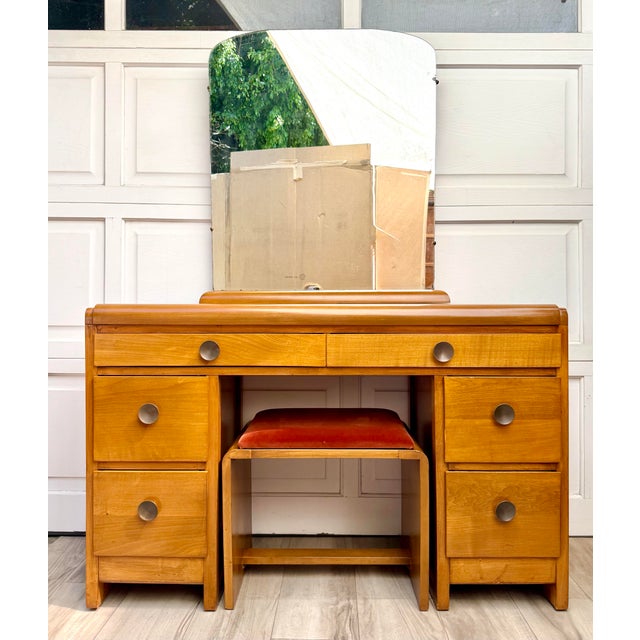 Mid-Century Modern 1940s John Stuart Blonde Wood 3-Piece Vanity, Mirror & Bentwood Stool For Sale - Image 3 of 18