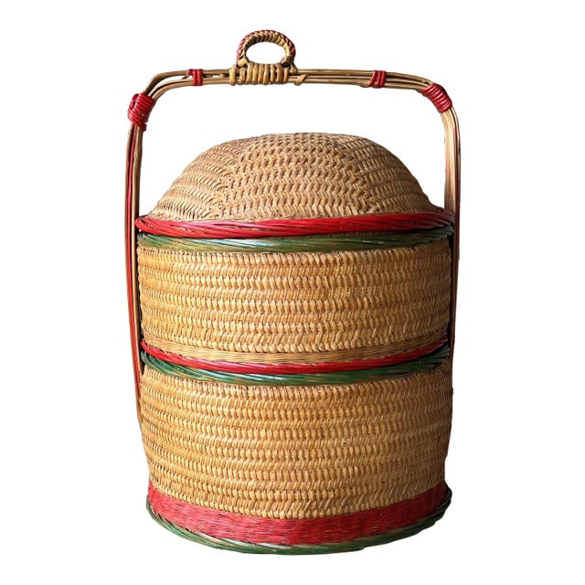 Circa 1960/1970 Chinese Rattan & Bamboo Two-Tier Betrothal / Wedding Basket For Sale