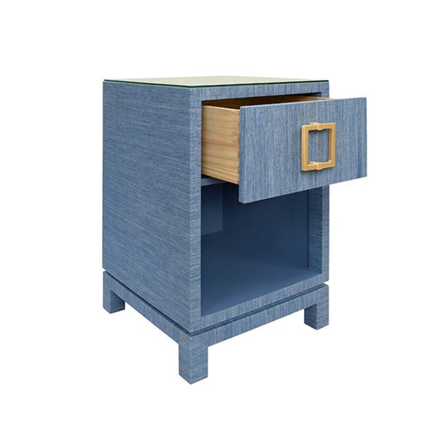Not Yet Made - Made To Order Matthew Izzo Home Blair Light Blue Dyed Grasscloth One Drawer Square Side Table With Brass Hardware and Glass Top For Sale - Image 5 of 7