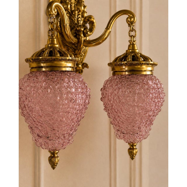 1980s French Louis XVI Gold Purple Crystal Wall Lamps Sconces-Pair For Sale - Image 11 of 14