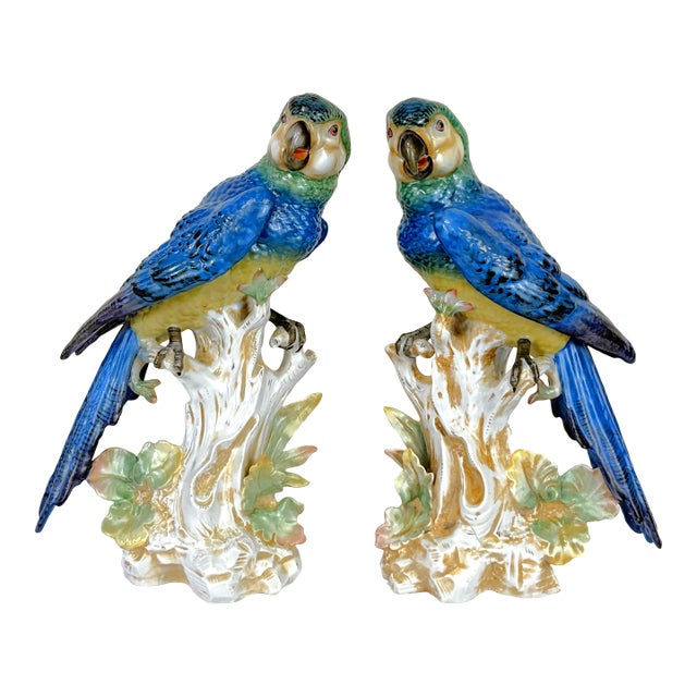 1940's Germany Hand Painted Large Porcelain Parrots- A Mirrored Pair For Sale