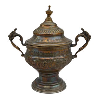 Early 20th Century Moroccan Hand-Engraved Brass Urn With Handles For Sale