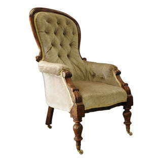 Victorian Walnut & Velvet Scroll Arm Button Back Library Armchair with Original Brass Castors For Sale