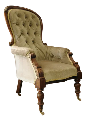 Victorian Walnut & Velvet Scroll Arm Button Back Library Armchair with Original Brass Castors
