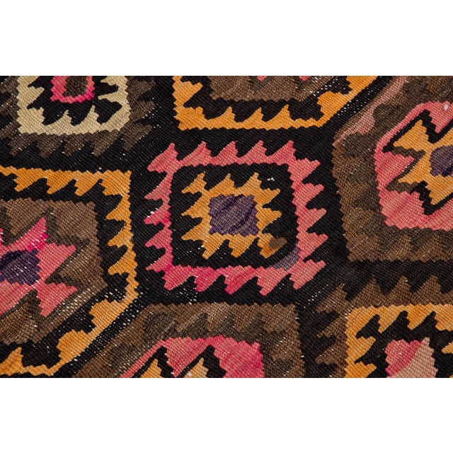 Vintage Kilim Brown Handmade Flatweave Geometric Motif Wool Runner For Sale In New York - Image 6 of 11