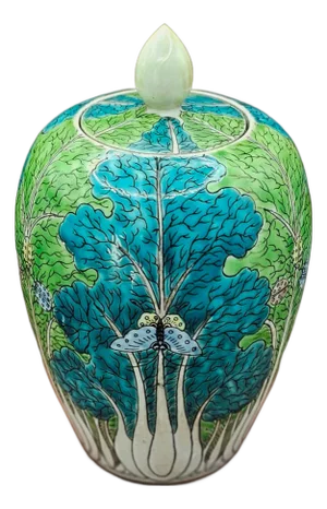 Antique Qing Dynasty Ginger Jar Famille Verte Bok Choy & Buttefly Signed