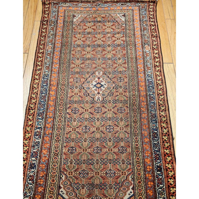 Antique Persian Serab Camel Hair Runner Rug, Hand-Knotted Wool, Geometric Pattern, Red & Green, 3x13 For Sale - Image 10 of 17