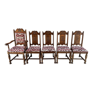 1920s Set of 5 Antique Vintage Jacobean Dining Chairs