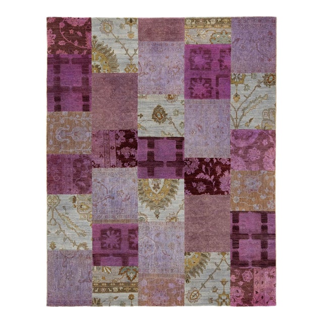 Modern Handcrafted Patchwork Designed Wool Rug in Pink For Sale