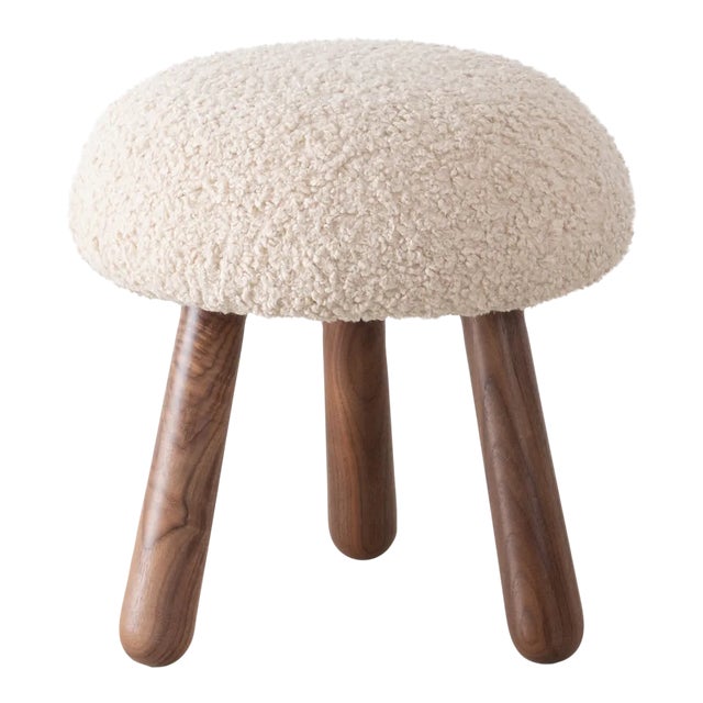 Wooly Ottoman in Natural Faux Lambswool & Walnut by Object Refinery For Sale