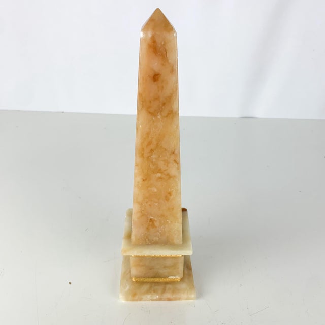 Classical Roman Vintage Egyptian Alabaster Stone Obelisk Hand Carved Gold Trim Sculptured For Sale - Image 3 of 10