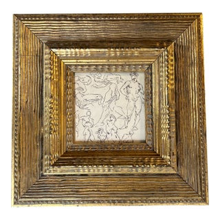 1940’s Original Abstract Life Study Ink Drawing Chunky Carved Wood Frame For Sale