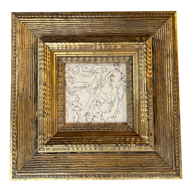 1940’s Original Abstract Life Study Ink Drawing Chunky Carved Wood Frame For Sale