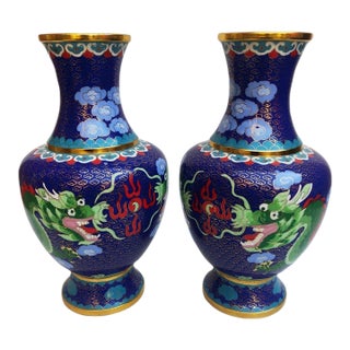 Pair of Vintage Cloisonné Enamel Dragon Vases – Sapphire Blue Ground, Gilded Accents For Sale