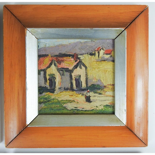 Set of 4 small mid 20th century oil on board modernist paintings of village scenes. Unsigned. Displayed in period...