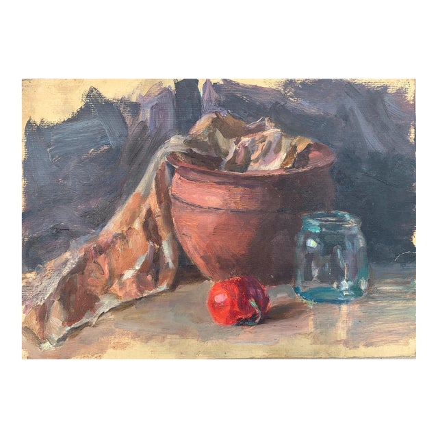 Vintage Still Life Oil Painting, Food & Pottery, Ukrainian Art 24-34 For Sale