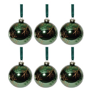Shiny Green Metallic Glass Ball Gold Leaf & Twig Ornaments, Set of 6, 4" For Sale