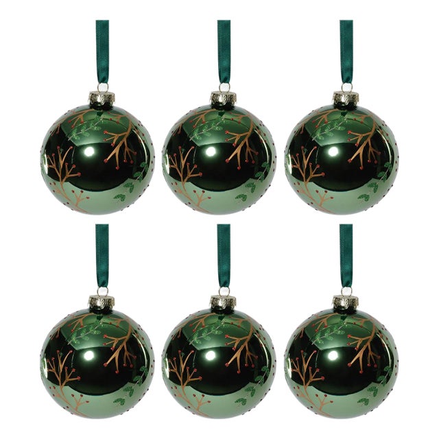 Shiny Green Metallic Glass Ball Gold Leaf & Twig Ornaments, Set of 6, 4" For Sale