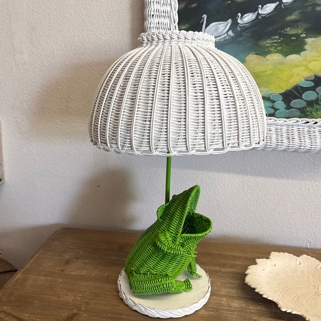 Vintage Wicker Rattan Frog White and Green Table Lamp For Sale - Image 4 of 10