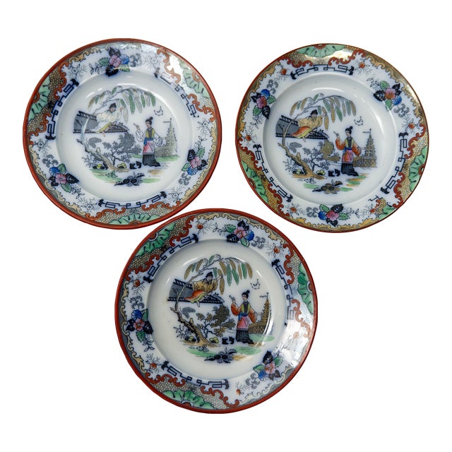 Chinoiserie Timor K & G by Luneville Porcelain Soup Bowls Set of 3 For Sale