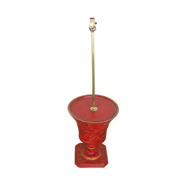 Wood Vintage Hand-Painted Red Flowerpot Floor Lamp For Sale - Image 7 of 7