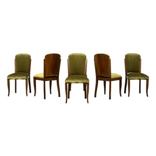 Set of Six 1930s French Art Deco Maple Dining Chairs in Olive Green Velvet For Sale